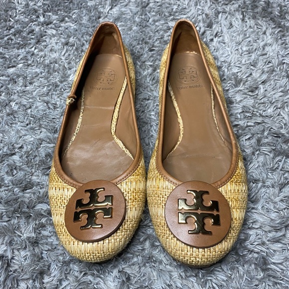 TORY BURCH Reva Ballet Flats Shoes Natural Woven Raffia Straw - Picture 1 of 8